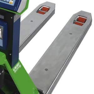 Coppia forche in acciaio inox per pesatura su transpallet.